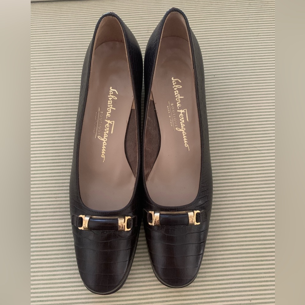 Salvatore Ferragamo Croc Chocolate Brown Leather Shoes Heels size 9 Vintage - Picture 9 of 15